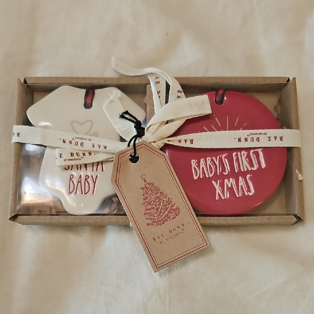 Rae Dunn Red and White Baby's First Christmas Ornament Set